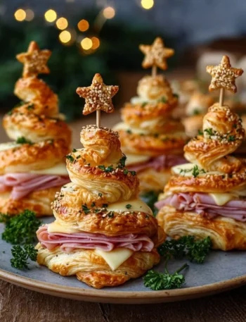 Delicious ham and cheese puff pastry shaped like Christmas trees.