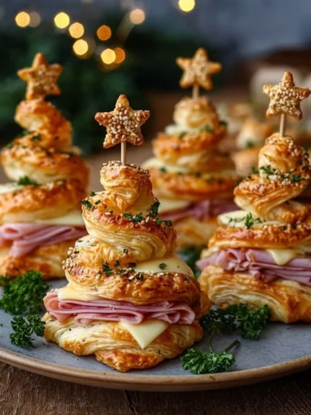 Delicious ham and cheese puff pastry shaped like Christmas trees.