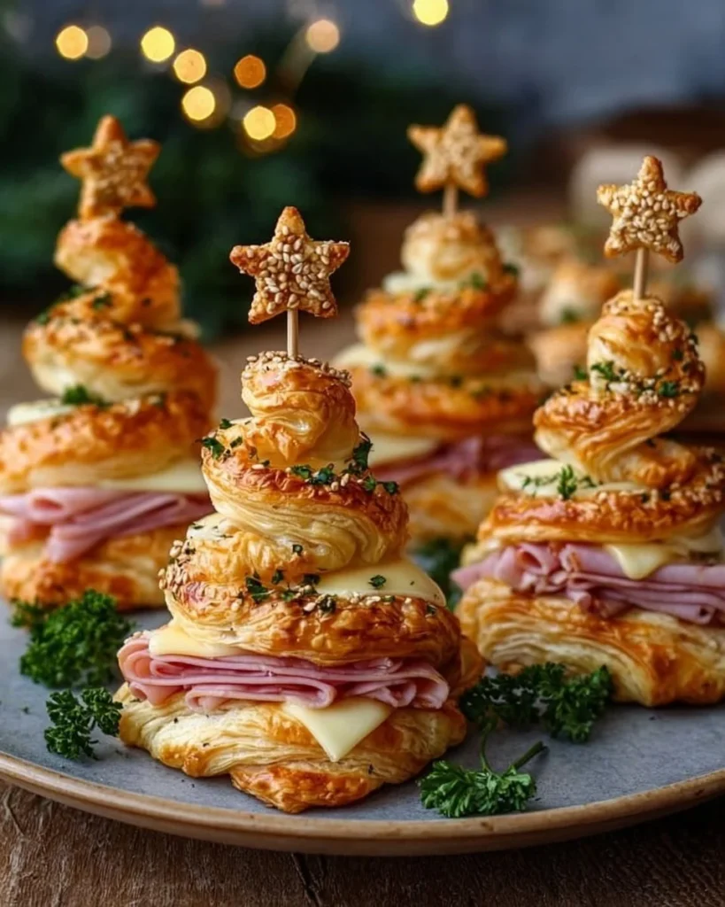 Delicious ham and cheese puff pastry shaped like Christmas trees.