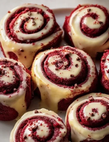 Heavenly Red Velvet Cinnamon Rolls topped with cream cheese frosting