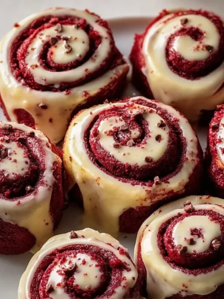 Heavenly Red Velvet Cinnamon Rolls topped with cream cheese frosting