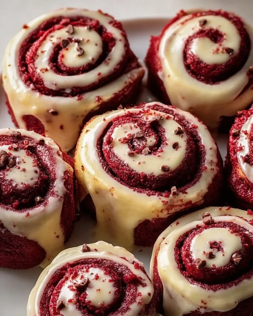Heavenly Red Velvet Cinnamon Rolls topped with cream cheese frosting
