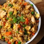 Delicious Hibachi Chicken Fried Rice served in a bowl garnished with vegetables.