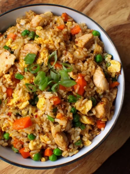 Delicious Hibachi Chicken Fried Rice served in a bowl garnished with vegetables.