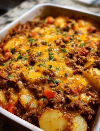 Hobo Casserole with Ground Beef and Potatoes in a baking dish