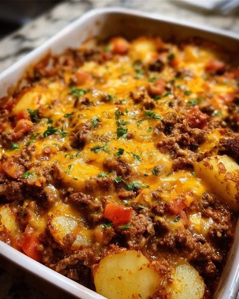 Hobo Casserole with Ground Beef and Potatoes in a baking dish