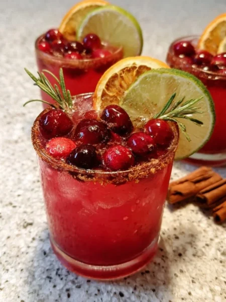 A festive Holiday Cocktail-Spiced Cranberry Paloma garnished with cranberries and lime.