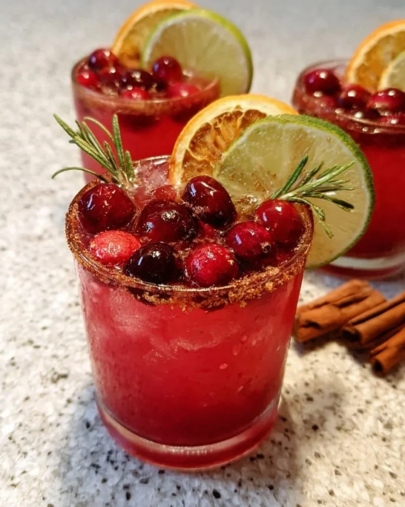 A festive Holiday Cocktail-Spiced Cranberry Paloma garnished with cranberries and lime.