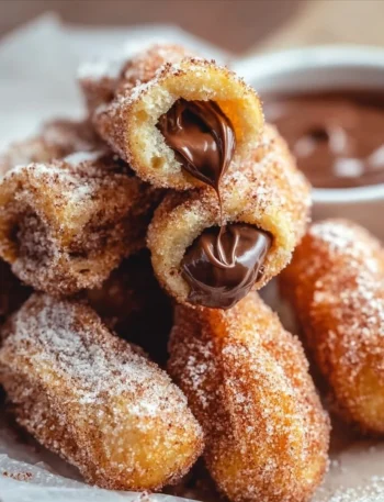 Delicious homemade churro bites coated in cinnamon sugar with Nutella filling