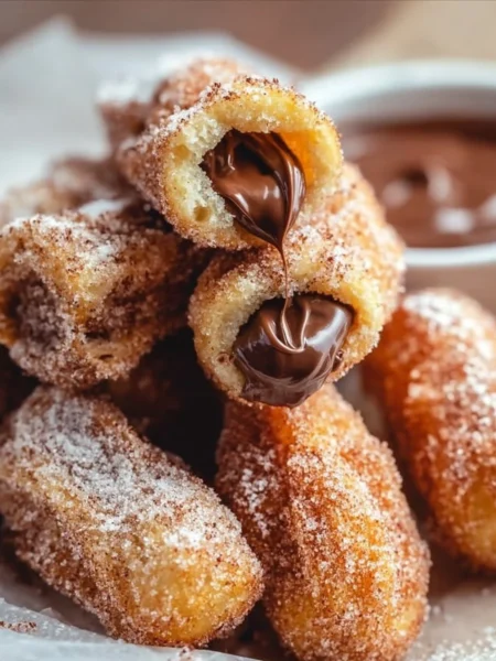 Delicious homemade churro bites coated in cinnamon sugar with Nutella filling