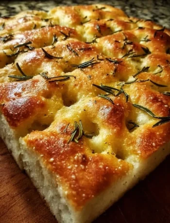 A freshly baked homemade focaccia bread topped with herbs and olive oil