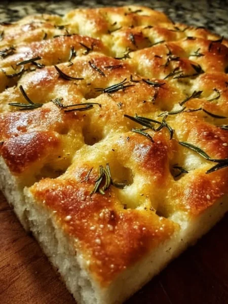 A freshly baked homemade focaccia bread topped with herbs and olive oil