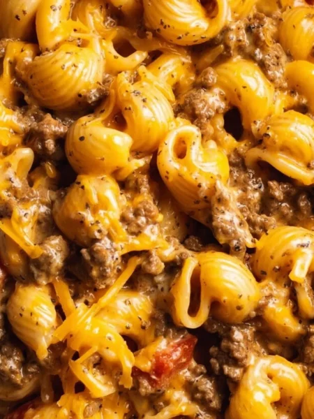 Bowl of homemade Hamburger Helper with ground beef and pasta
