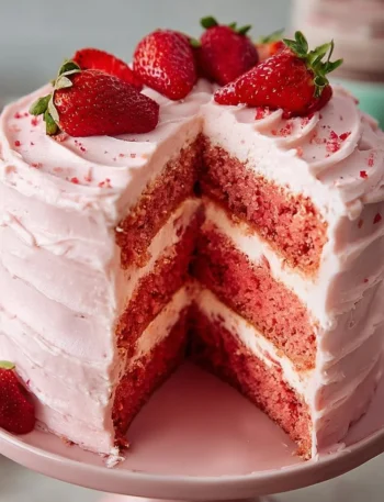Delicious homemade strawberry cake with strawberry frosting garnished with fresh strawberries