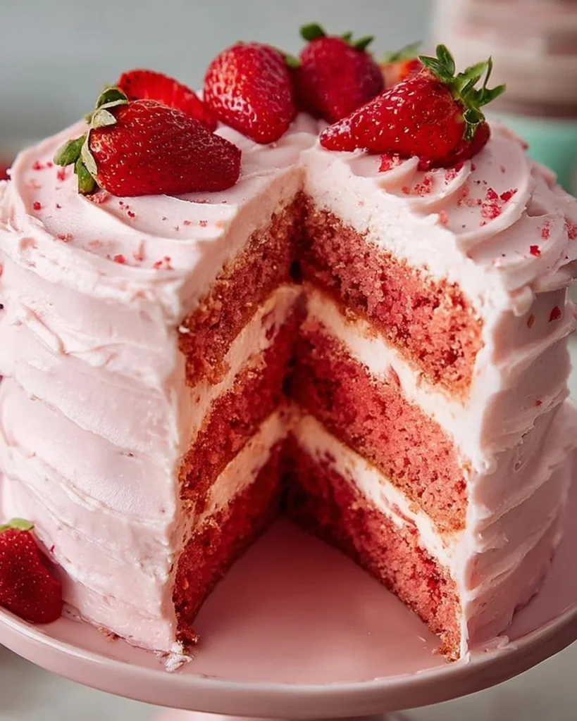 Delicious homemade strawberry cake with strawberry frosting garnished with fresh strawberries