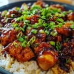 Delicious Honey BBQ Chicken served over rice with garnishes