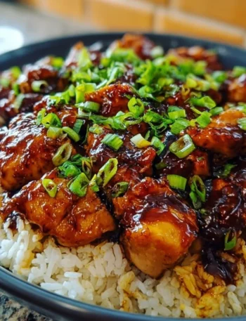 Delicious Honey BBQ Chicken served over rice with garnishes