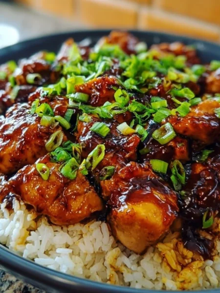 Delicious Honey BBQ Chicken served over rice with garnishes