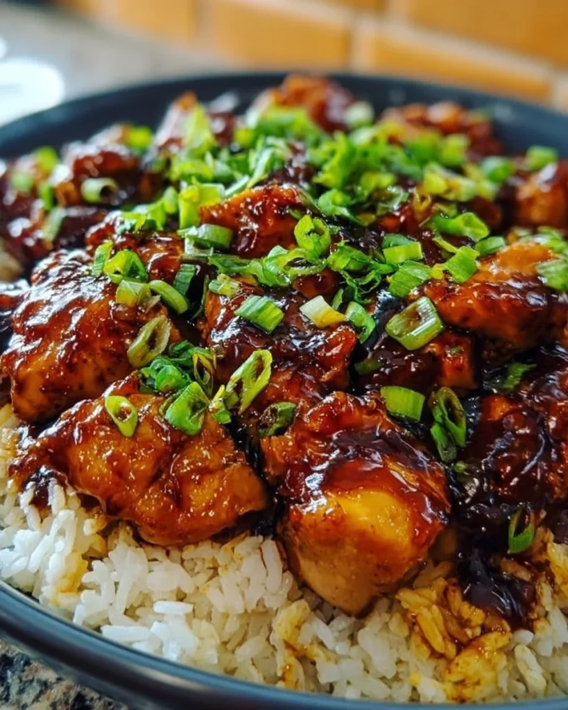 Delicious Honey BBQ Chicken served over rice with garnishes