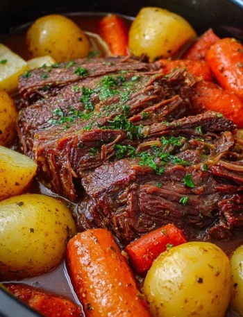 A delicious slow cooker pot roast with vegetables ready to serve.