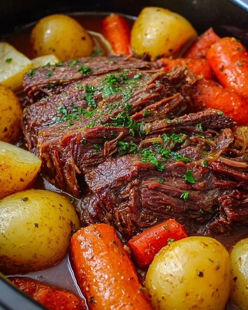 A delicious slow cooker pot roast with vegetables ready to serve.