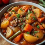 Delicious Irish Vegetarian Stew with fresh vegetables and herbs in a bowl.