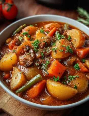 Delicious Irish Vegetarian Stew with fresh vegetables and herbs in a bowl.