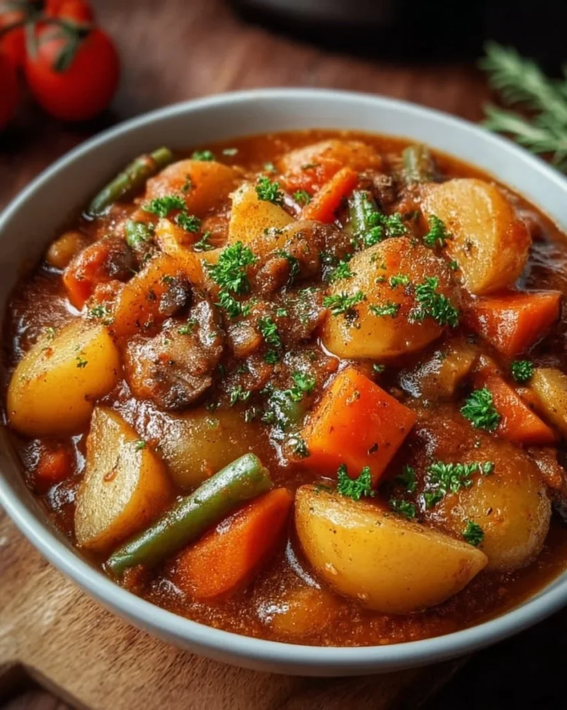Delicious Irish Vegetarian Stew with fresh vegetables and herbs in a bowl.