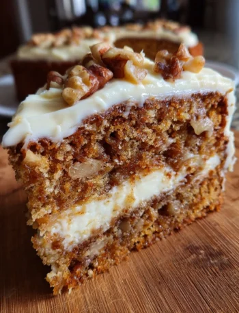 Fresh apple cake with cream cheese frosting on a rustic table