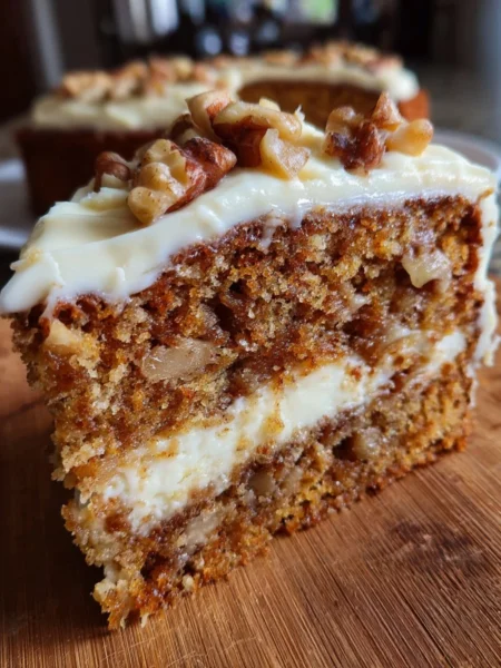 Fresh apple cake with cream cheese frosting on a rustic table