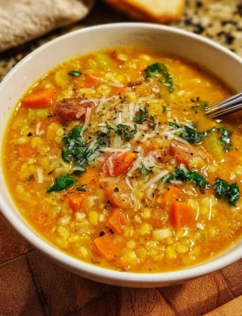 Delicious bowl of Italian Penicillin Soup garnished with herbs and spices.