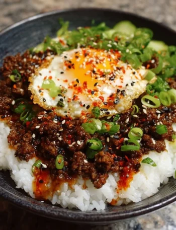 Korean Ground Beef Bowl topped with green onions and sesame seeds
