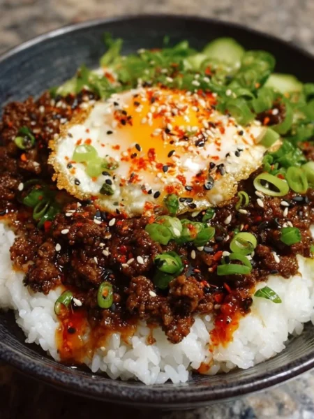 Korean Ground Beef Bowl topped with green onions and sesame seeds