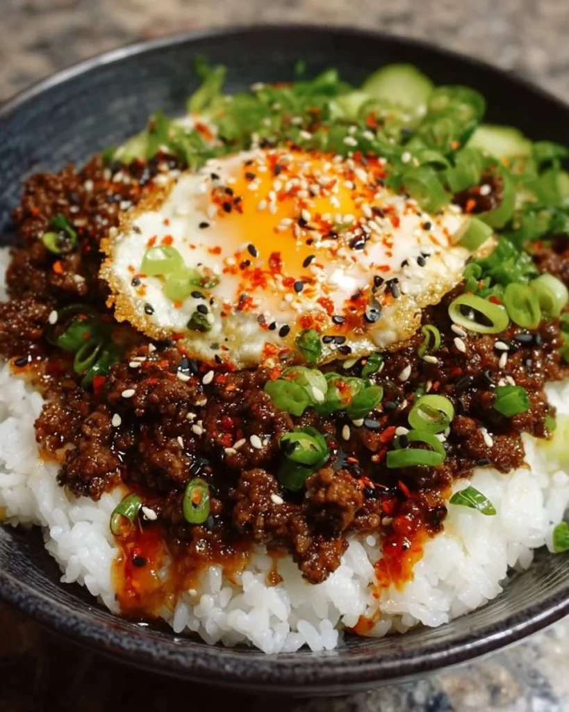 Korean Ground Beef Bowl topped with green onions and sesame seeds