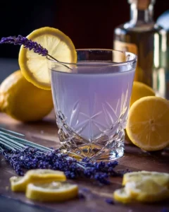 Lavender Lemon Drop Martini garnished with fresh lavender sprigs and lemon slices