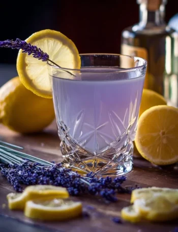 Lavender Lemon Drop Martini garnished with fresh lavender sprigs and lemon slices