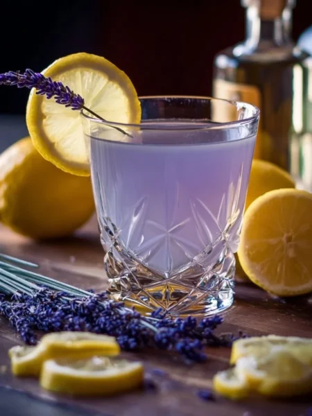 Lavender Lemon Drop Martini garnished with fresh lavender sprigs and lemon slices