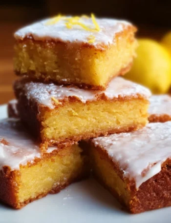 Freshly baked lemon brownies decorated with powdered sugar and lemon zest