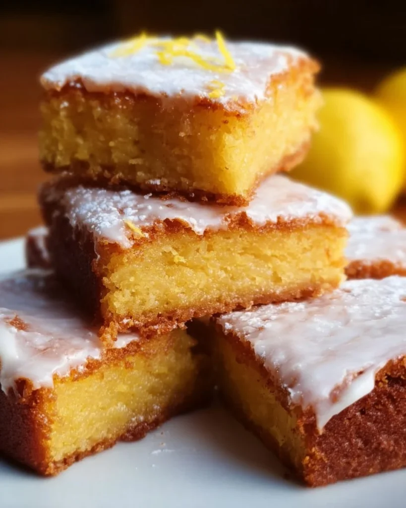 Freshly baked lemon brownies decorated with powdered sugar and lemon zest