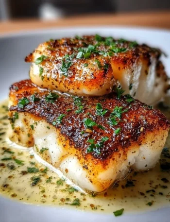 Lemon Garlic Butter Cod fillet with crispy skin on a plate garnished with lemon slices.