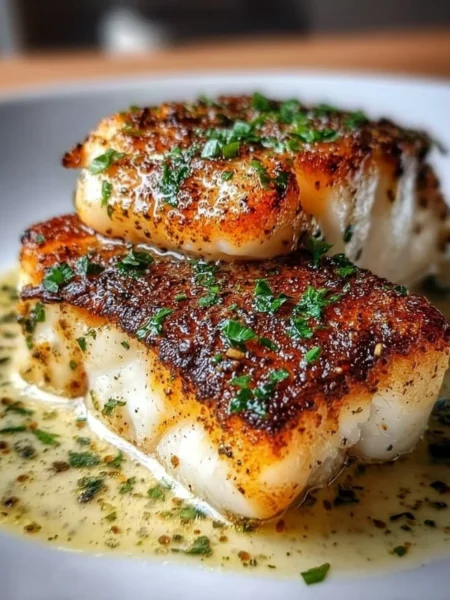 Lemon Garlic Butter Cod fillet with crispy skin on a plate garnished with lemon slices.
