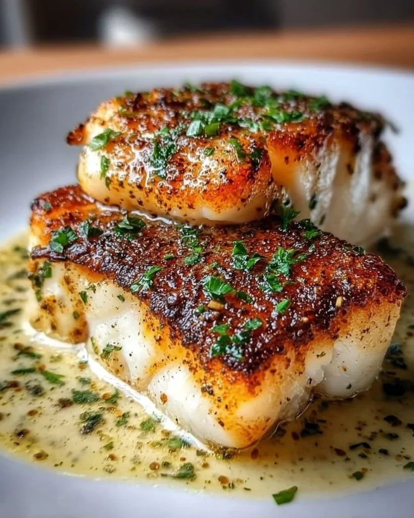 Lemon Garlic Butter Cod fillet with crispy skin on a plate garnished with lemon slices.