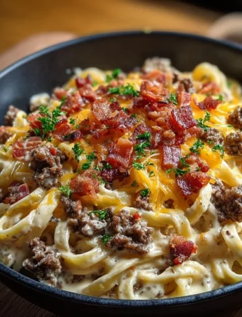Creamy Loaded Bacon Cheeseburger Alfredo Pasta topped with crispy bacon and cheese