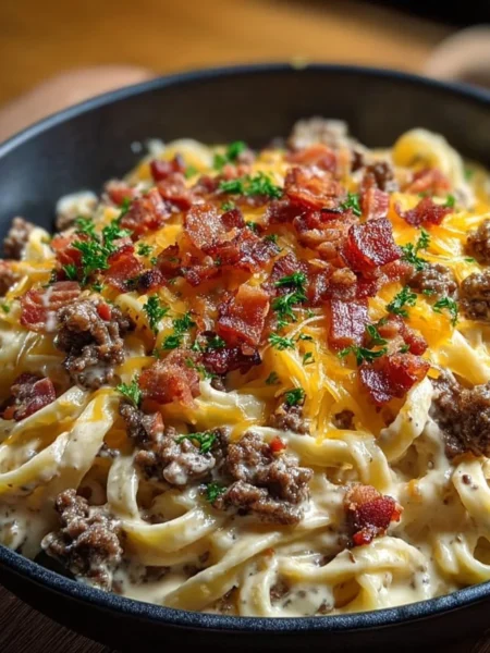 Creamy Loaded Bacon Cheeseburger Alfredo Pasta topped with crispy bacon and cheese