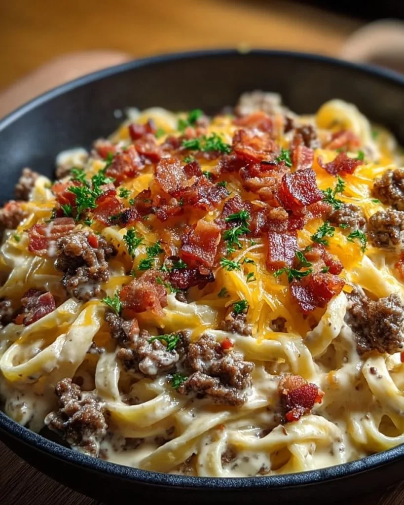 Creamy Loaded Bacon Cheeseburger Alfredo Pasta topped with crispy bacon and cheese