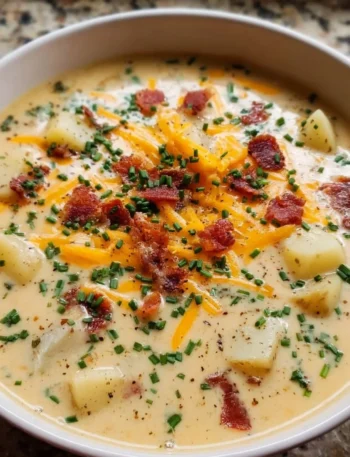 Bowl of creamy loaded potato soup garnished with cheese and green onions