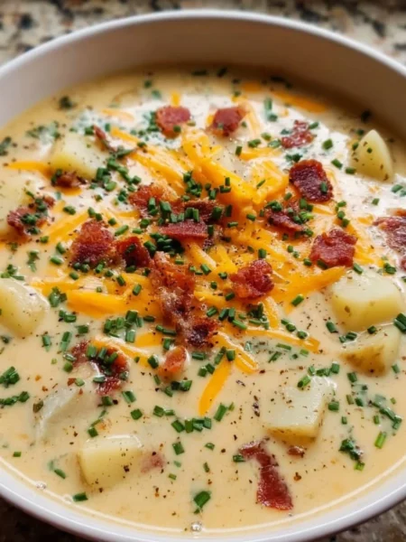 Bowl of creamy loaded potato soup garnished with cheese and green onions