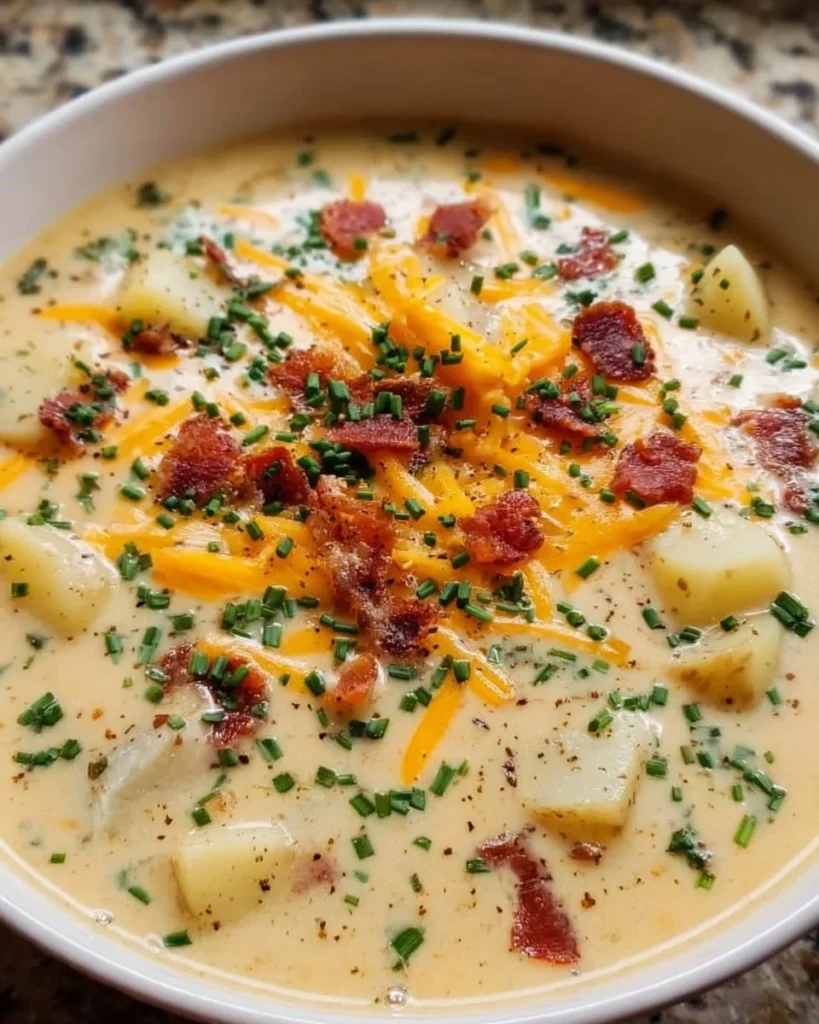 Bowl of creamy loaded potato soup garnished with cheese and green onions