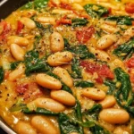 Delicious Marry Me White Bean and Spinach Skillet served in a cast iron pan