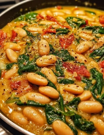 Delicious Marry Me White Bean and Spinach Skillet served in a cast iron pan